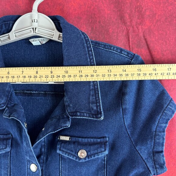 GUESS DENIM SHIRT DRESS MEDIUM CAP SLEEVE BUTTON FRONT NAVY BLUE - Picture 7 of 11